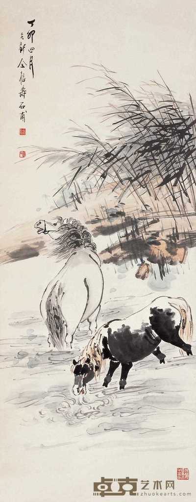 金寿石 丁卯(1927年)作 双马 立轴 107.5×42cm